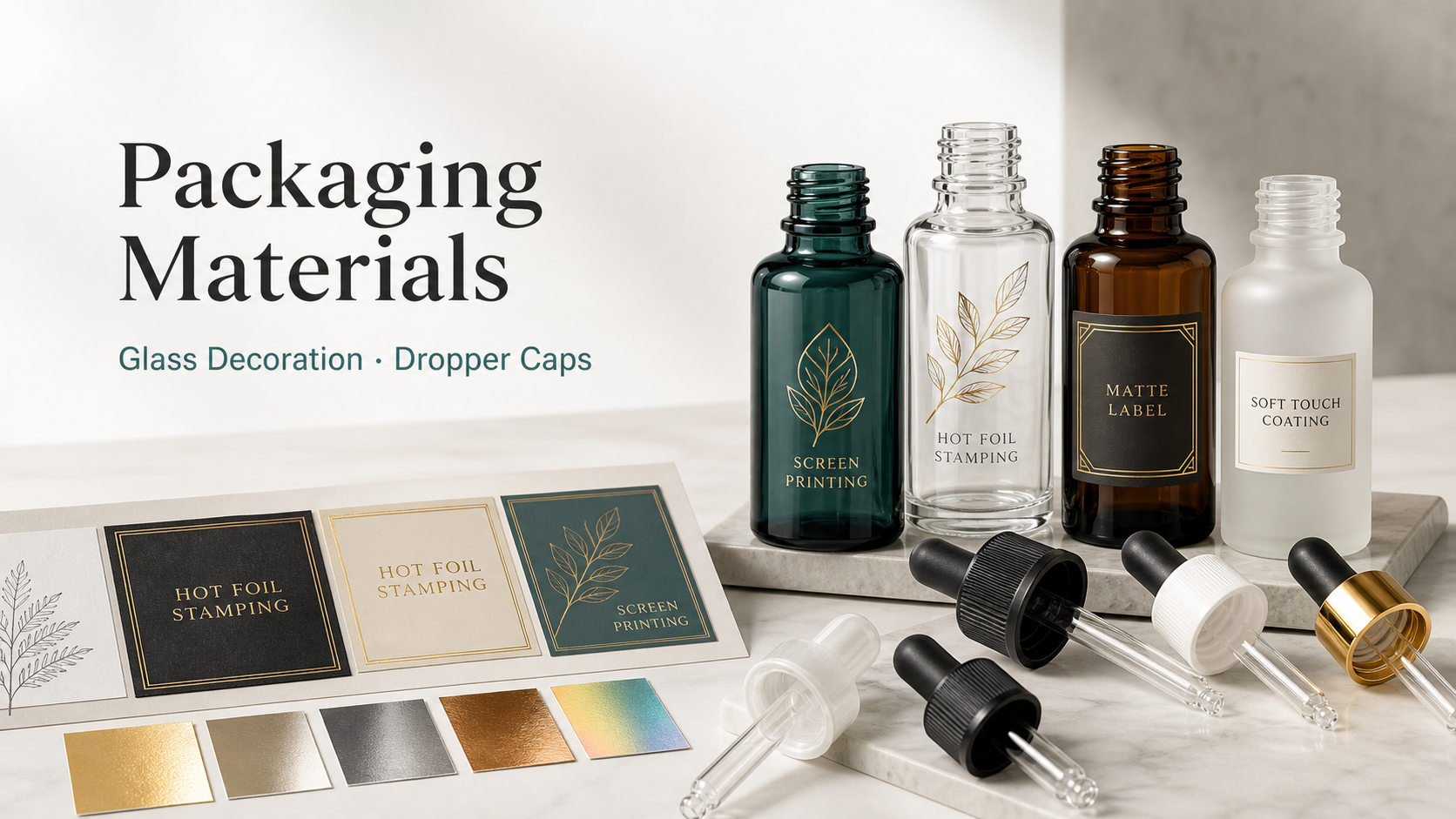Decorated glass bottles and dropper caps